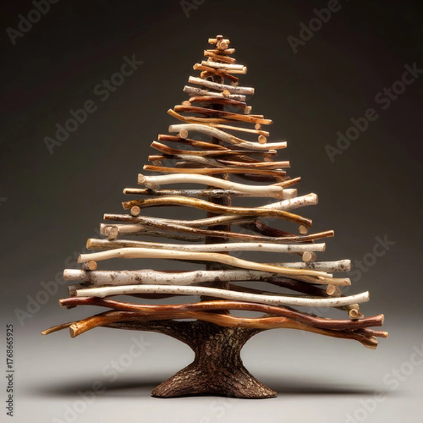 Fototapeta Rustic miniature Christmas tree sculpture crafted from assorted natural wood branches atop textured trunk base against dark background