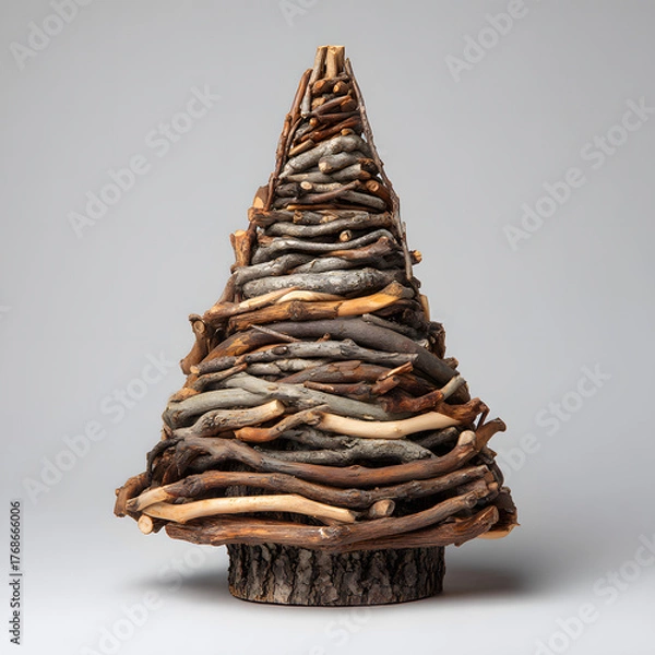Fototapeta Rustic handmade Christmas tree crafted from stacked natural wood branches resting on bark base against neutral background