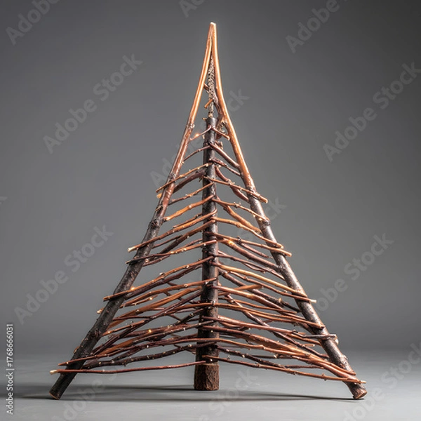 Fototapeta Handmade rustic Christmas tree sculpture constructed from dark brown interwoven natural wood branches against a simple gray background.