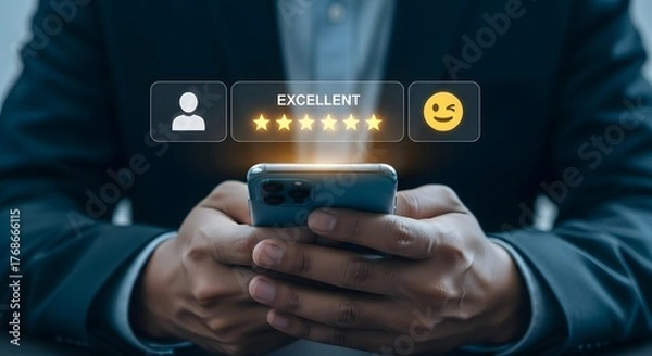 Fototapeta Customer satisfaction survey with a person using a smartphone to give a fivestar rating and positive feedback, symbolizing excellent service and user experience