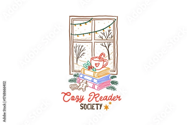 Fototapeta Cozy Reader Society, Cozy Winter Reading Scene by the Window Themed Illustration Christmas Bookish Hand-Drawn Sublimation Design