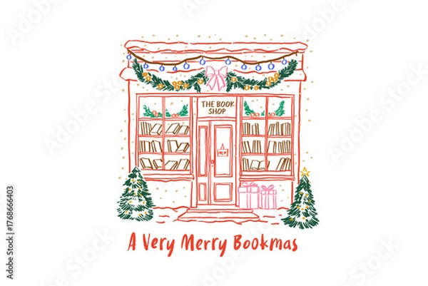 Fototapeta A Very Merry Bookmas, Christmas Decorated Bookstore Front Illustration Greeting Christmas Bookish Hand-Drawn Sublimation Design