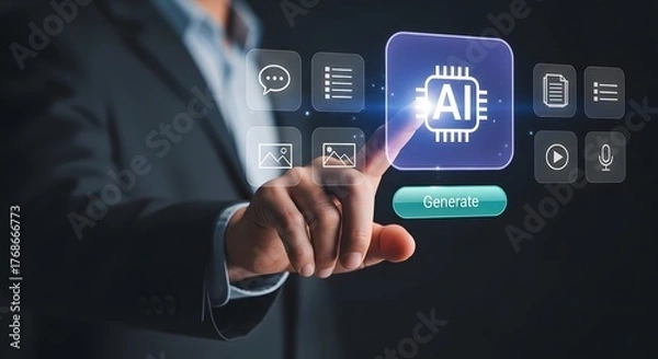 Fototapeta Businessman touching a glowing ai icon on a futuristic interface, representing artificial intelligence and technology advancement