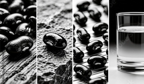 Fototapeta Shiny black capsules on varied textures with glass of water