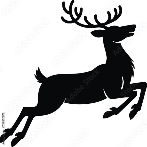 Fototapeta A black silhouette of a reindeer leaping with antlers on a white background in a vector graphic