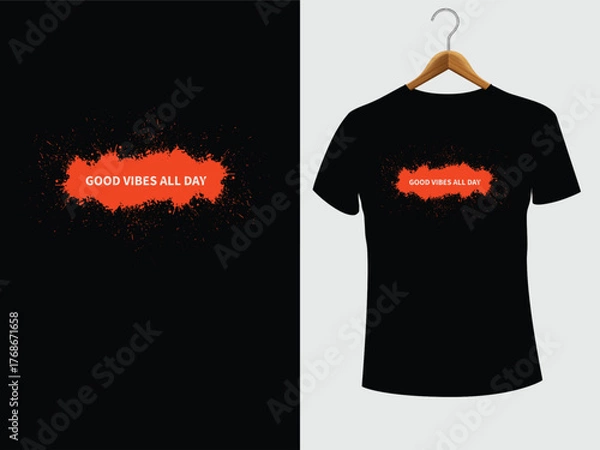 Fototapeta Paint splash typography “Good Vibes All Day” in white on bold orange blot, black background