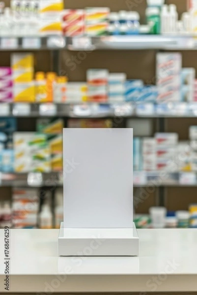 Obraz Pharmacy black friday display mockup for promotional design. Template, mock-up for pharmacy, drugstore, cosmetics store. Vertical banner. Copy space. White poster in farmacy