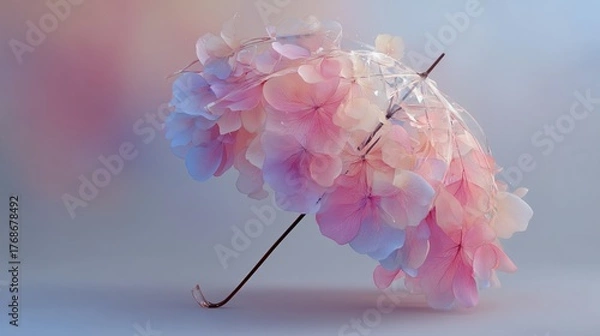 Fototapeta Umbrella covered in pastel colored hydrangea petals on a soft background