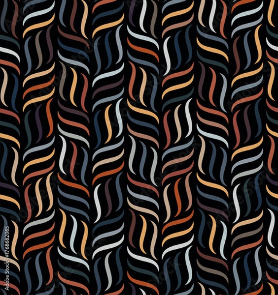 Obraz Seamless striped pattern with columns of vertical and horizontal, multicolored, wavy lines on a black background. Retro striped design. Vector illustration for textile, wrapping, and wallpaper.