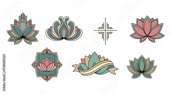 Fototapeta Collection of stylized lotus flower emblems and decorative elements in a pastel color palette, featuring geometric patterns and art deco influences, perfect for branding, yoga studios, or spiritual