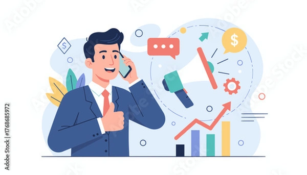Fototapeta Successful businessman on a phone call, giving a thumbs up, surrounded by marketing and sales growth icons like a megaphone, chat bubble, dollar sign, and upward trending graph, symbolizing lead