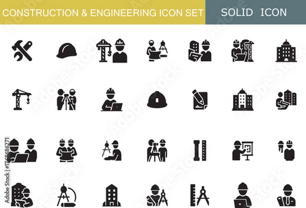 Fototapeta Construction and Engineering Icon Set | Architect, Builder, Crane, Helmet, Blueprint, Drafting, Compass, Building, Surveyor, Tools Icons Collection