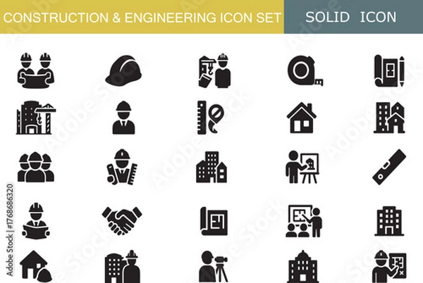 Fototapeta Construction and Engineering Icon Set | Architect, Builder, Crane, Helmet, Blueprint, Drafting, Compass, Building, Surveyor, Tools Icons Collection