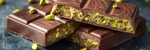 Fototapeta Dubai milk chocolate bar filled with kataifi dough and green pistachio paste