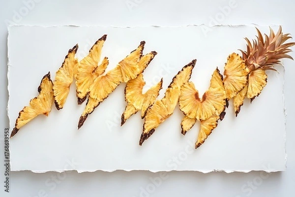Fototapeta A striking depiction of a lightning bolt, made from zigzagging slices of dried pineapple on a stark white canvas.