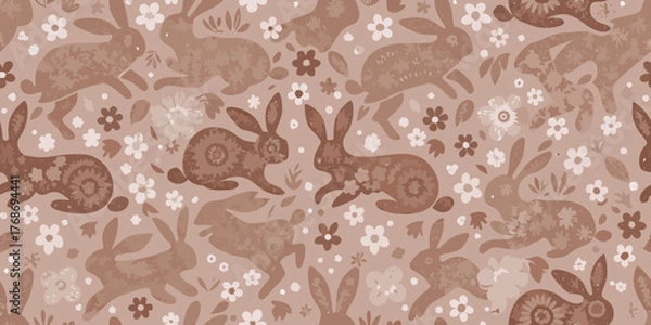 Fototapeta Charming seamless pattern with stylized rabbits and delicate flowers in a warm earthy brown color palette