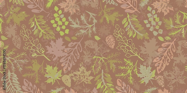 Fototapeta Seamless pattern of hand drawn autumn leaves pine needles and pine cones in muted earthy tones