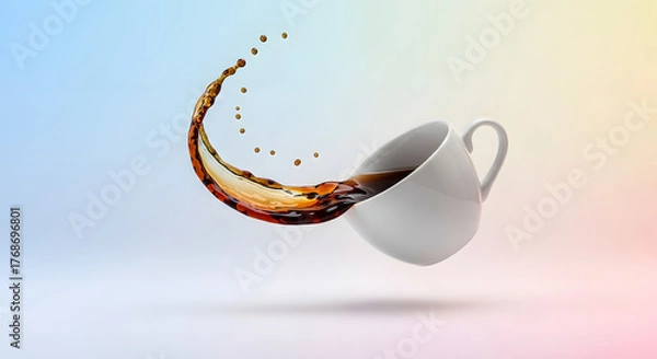 Fototapeta A cup of coffee floating in the air with a frozen motion effect.