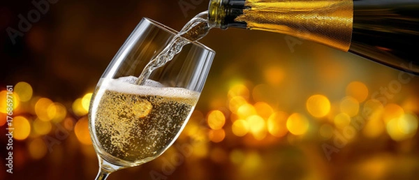 Fototapeta Elegant champagne splash with golden bokeh, celebration energy, blurred background, with copy space