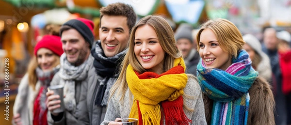 Fototapeta Christmas market with colorful stalls, mulled wine and people in scarves, joyful crowd, blurred background, with copy space