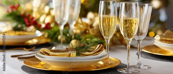 Fototapeta Luxurious holiday table setting with gold cutlery, crystal glasses, champagne, and glittering decor, blurred background, with copy space