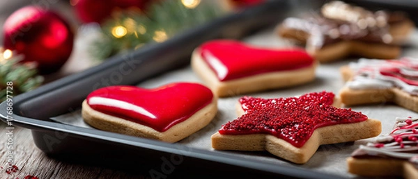 Fototapeta Christmas cookies shaped as stars and hearts on baking tray, top view, blurred background, with copy space