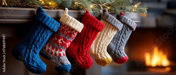 Fototapeta Fireplace mantel decorated with stockings and pine branches, home warmth, blurred background, with copy space