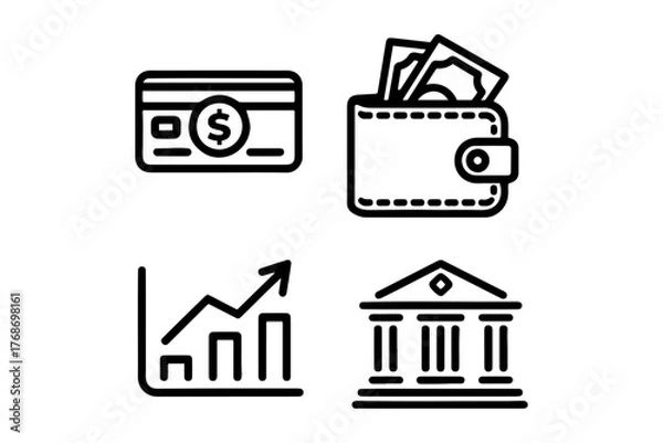 Fototapeta Financial icons representing credit card wallet growth chart and bank building