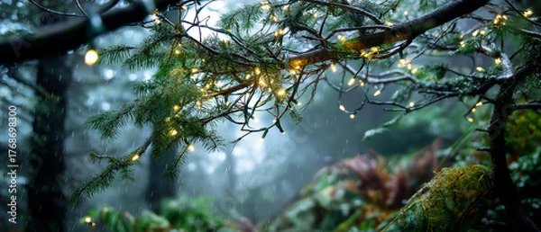 Fototapeta Forest covered in mist with faint Christmas lights between trees, atmospheric depth, blurred background, with copy space