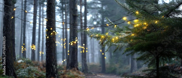 Fototapeta Forest covered in mist with faint Christmas lights between trees, atmospheric depth, blurred background, with copy space