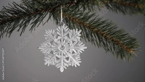 Fototapeta Snowflake Ornament Hanging on Christmas Tree Branch.