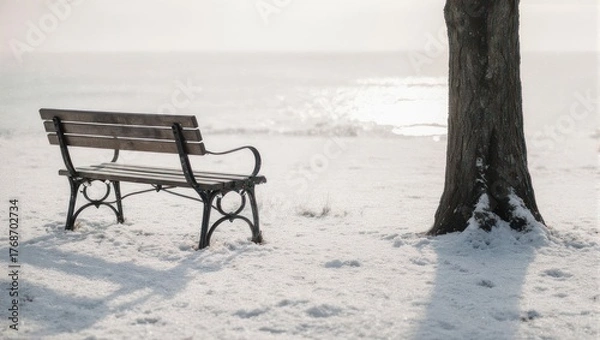 Fototapeta Snowy Beach Scene - Bench and Tree in Winter Landscape.