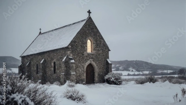 Fototapeta Snowy Chapel in Winter Landscape - A Serene Scene.