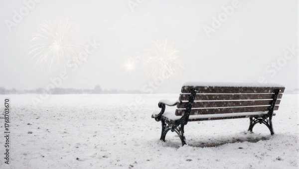 Fototapeta Snowy Bench Serenity - A Winter Landscape of Solitude.
