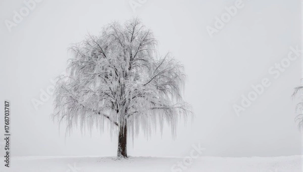 Fototapeta Solitary tree covered in snow on a winter day.
