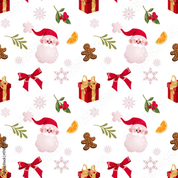 Fototapeta Merry Christmas seamless pattern. Santa, gingerbread, ribbons, gifts, snowflakes. Trendy vector illustration in cartoon groovy style. Hand drawn new year noel pattern