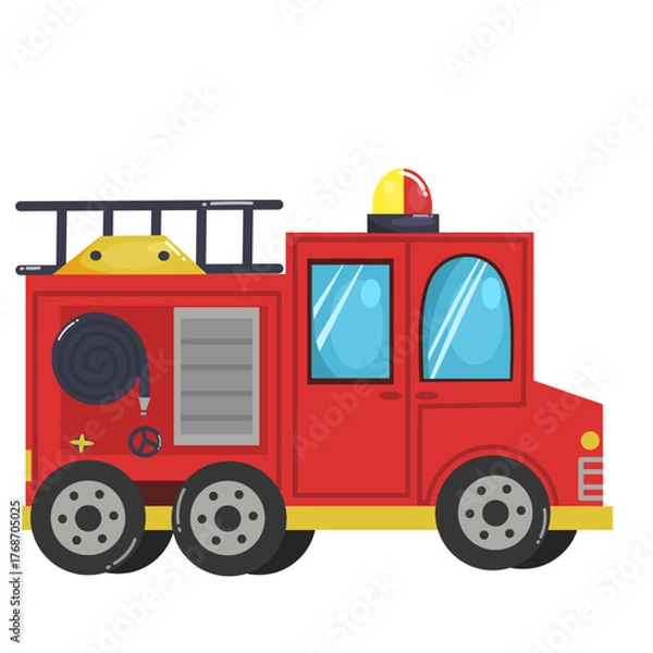 Obraz Illustration of a red fire truck with a cute design, side view with siren and equipment 