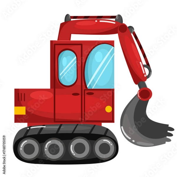 Obraz Illustration of a red cartoon excavator with toothed wheels and a cute design 