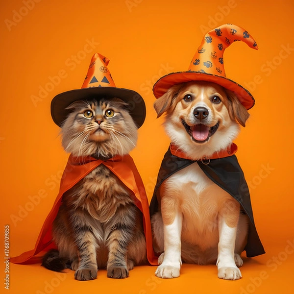 Fototapeta Spirited Halloween Duo: A cat and a dog are adorned in festive Halloween attire, sitting side-by-side against a vibrant orange backdrop, ready to celebrate the spookiest time of the year.