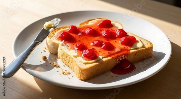 Fototapeta Toast with butter and strawberry jam breakfast plate