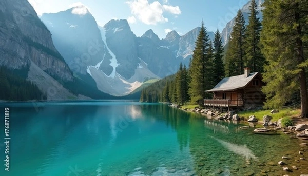 Fototapeta Log cabin rests beside clear turquoise mountain lake. Tall green pine trees line shore. Majestic rocky peaks rise behind calm water surface. Sunny summer day.