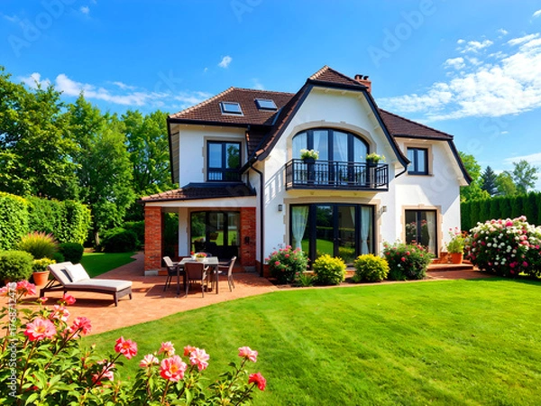 Obraz The exterior of a detached home featuring a beautiful garden.