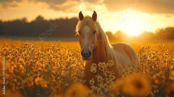 Fototapeta Golden Horse in a Field at Sunset. Possible use Stock photo for nature, animals, or idyllic scenes