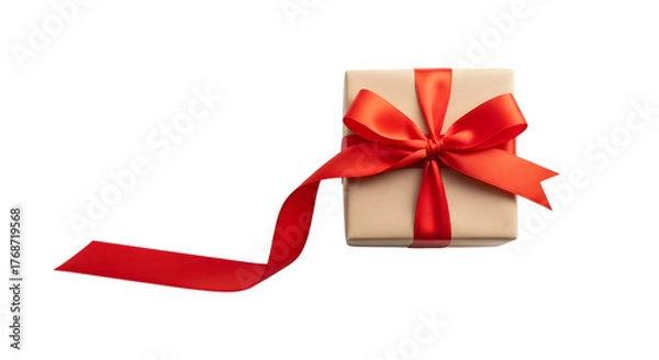 Fototapeta Brown gift box with red ribbon isolated on transparent background