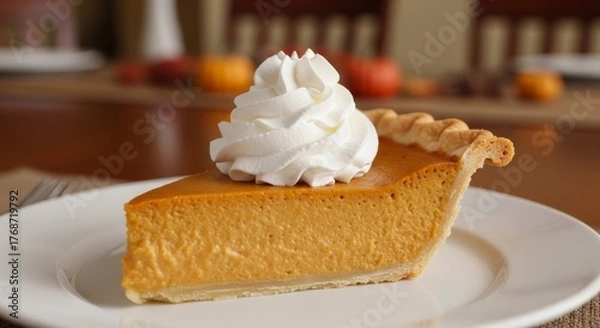 Fototapeta A perfect slice of classic pumpkin pie topped with a generous swirl of whipped cream.