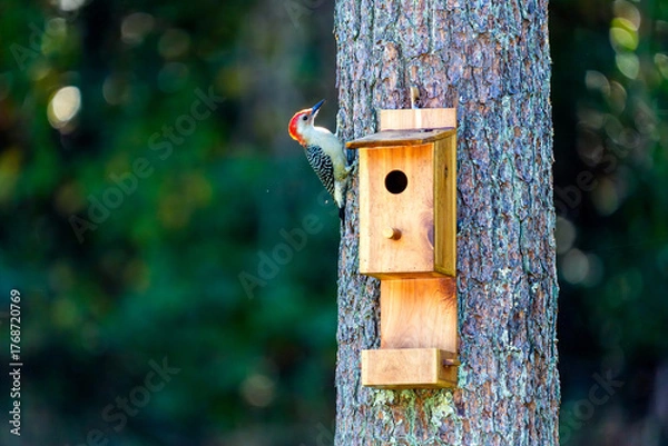 Fototapeta Red-bellied Woodpecker on Pine with Nest Box, Copy Space