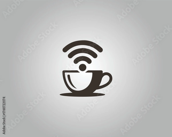 Fototapeta Dark brown coffee cup with wifi symbol and waves on gray vector template background signal