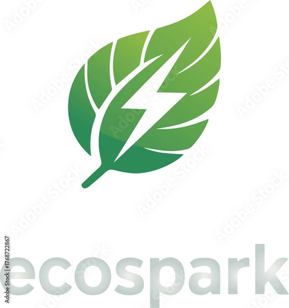 Fototapeta Green leaf with lightning bolt symbol and ecospark text vector template energy