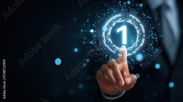 Fototapeta Businessman Touching Number 1 with Futuristic Festive Glow, Minimalist Background, Ample Copy Space, Concept of Achievement, Leadership, and Success
