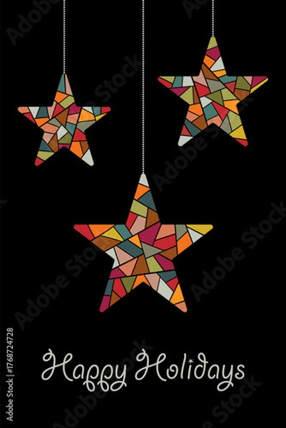 Fototapeta Happy Holidays - Schriftzug in englischer Sprache - Schöne Feiertage. Grußkarte mit bunten Mosaiksternen auf schwarzem Hintergrund.